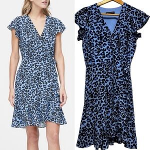 Banana Republic Blue Leopard Ruffle Wrap Mini Dress Size 2 Holiday Winter